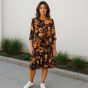 Mimi & Daphne Floral  Dress 3/4 Sleeve Burgundy Gold Midi size S